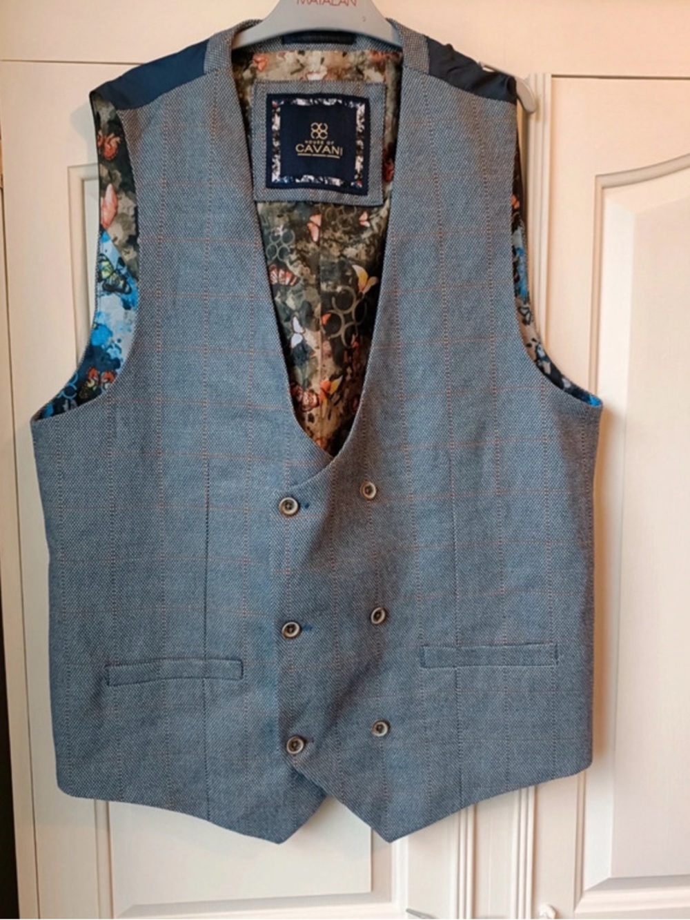 Men’s House of Cavani Light Blue Double-Breasted Vest with Floral Lining